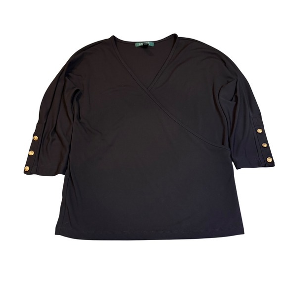 Lauren Ralph Lauren Tops - Lauren Ralph Lauren Black V Neck Faux Wrap Tunic Top Gold Button Sleeve M